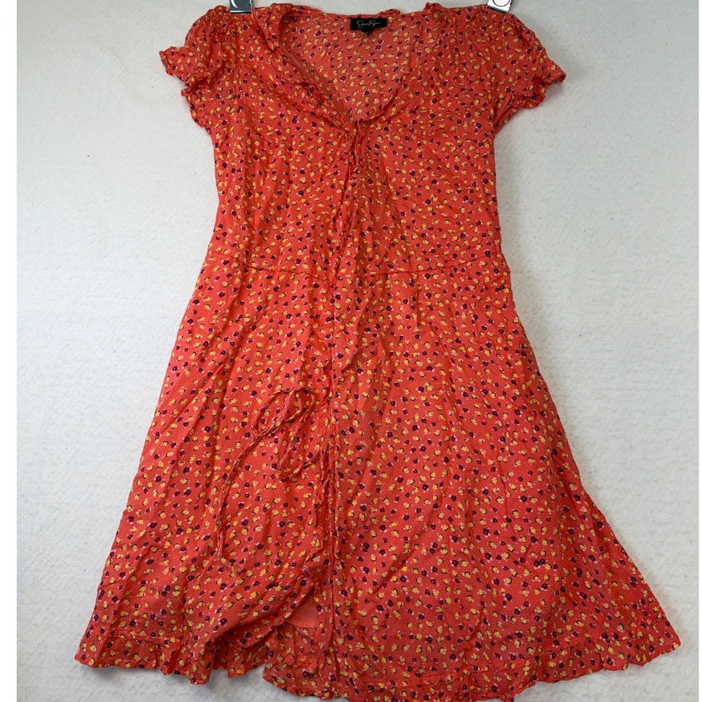Jessica Simpson Dress Coral Orange Floral Lace up Wrap Dress Size S Short Sleeve